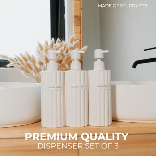 KIBAGA Stylish Shampoo and Conditioner Dispenser Set of 3 - Modern 19oz Shower Soap Bottles with Pump and Labels - Easy to Refill Body Wash Dispensers for an Instant Bathroom Decor Upgrade - Image 4