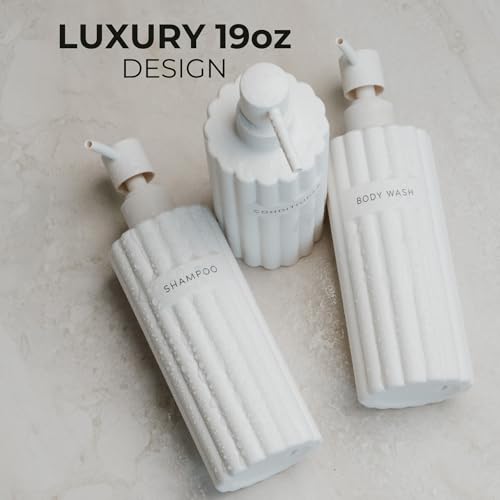 KIBAGA Stylish Shampoo and Conditioner Dispenser Set of 3 - Modern 19oz Shower Soap Bottles with Pump and Labels - Easy to Refill Body Wash Dispensers for an Instant Bathroom Decor Upgrade - Image 3