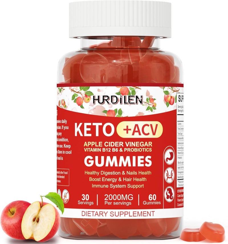 Hurdilen Keto ACV Gummies  2000mg Apple Cider Vinegar Gummies with Probiotics Vitamin B12  B6 for Digestion Energy Boost Immunization  Hair Health  60 Count No Sugar NonGMO GlutenFree for Women Men - Image 1