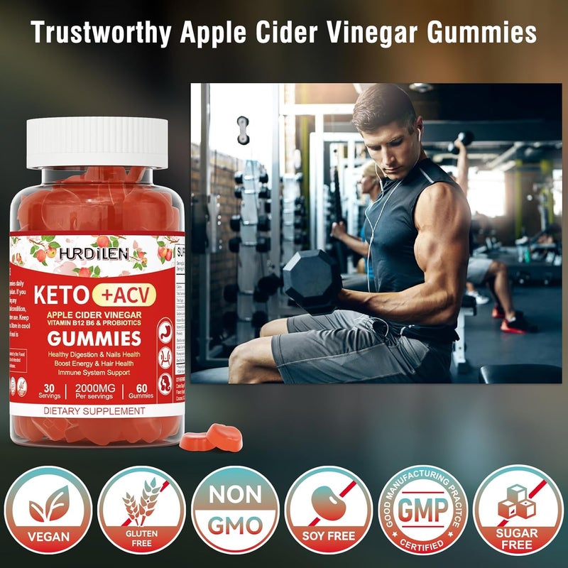 Hurdilen Keto ACV Gummies  2000mg Apple Cider Vinegar Gummies with Probiotics Vitamin B12  B6 for Digestion Energy Boost Immunization  Hair Health  60 Count No Sugar NonGMO GlutenFree for Women Men - Image 3