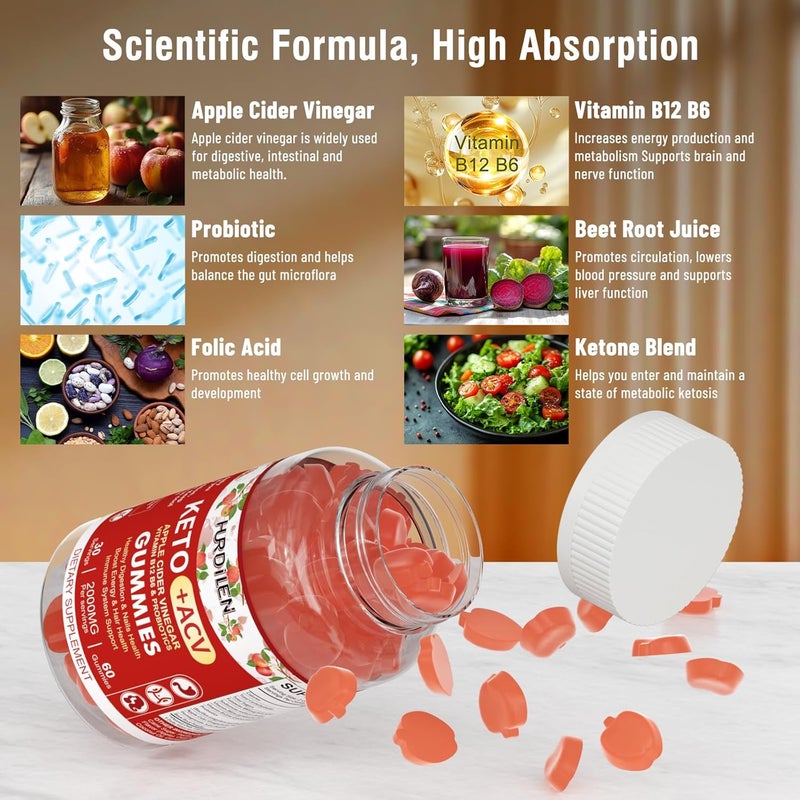 Hurdilen Keto ACV Gummies  2000mg Apple Cider Vinegar Gummies with Probiotics Vitamin B12  B6 for Digestion Energy Boost Immunization  Hair Health  60 Count No Sugar NonGMO GlutenFree for Women Men - Image 5