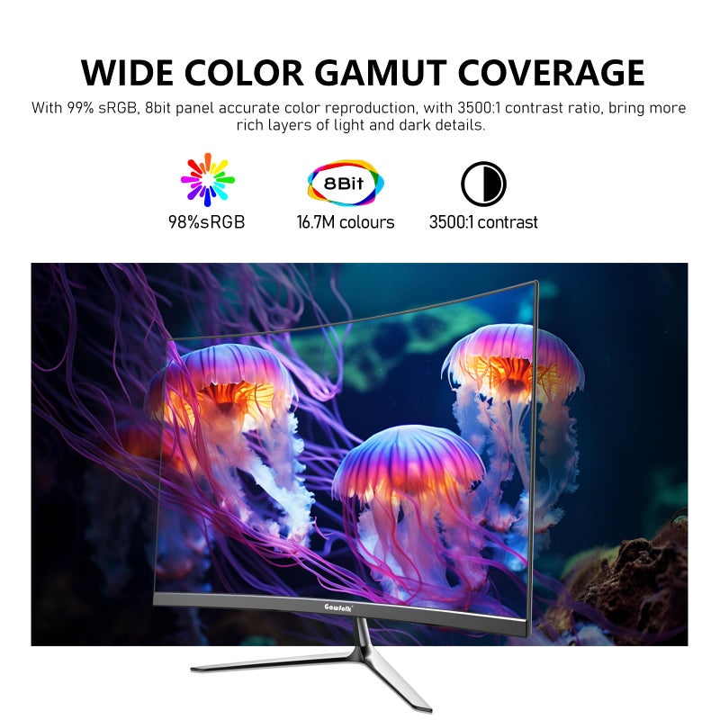 Gawfolk شاشة ألعاب من غوفولك مقاس 24.5 بوصة منحنية مع مكبرات صوت مدمجة، 3000R 120Hz شاشة كمبيوتر بدقة Full HD 1080P، HDMI 2.0، VGA، متوافقة مع تركيب الحائط 75 * 75 مم - Image 3