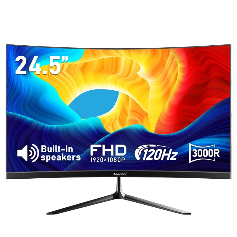 Gawfolk شاشة ألعاب من غوفولك مقاس 24.5 بوصة منحنية مع مكبرات صوت مدمجة، 3000R 120Hz شاشة كمبيوتر بدقة Full HD 1080P، HDMI 2.0، VGA، متوافقة مع تركيب الحائط 75 * 75 مم - Image 1