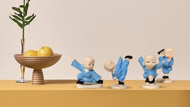 Xtore Little Cute KUng Fu Monk Statue for Table Decor (Pack of 4, Blue) - Image 3