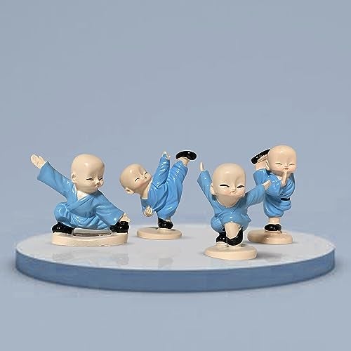 Xtore Little Cute KUng Fu Monk Statue for Table Decor (Pack of 4, Blue) - Image 1