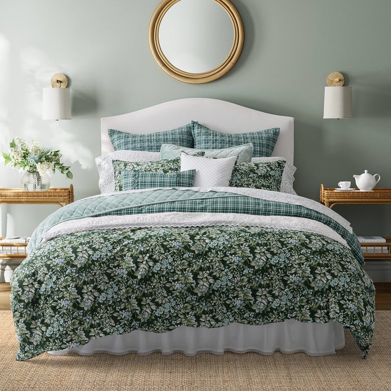 LAURA ASHLEY Laura Ashley Queen Comforter Set Cotton Reversible Bedding Set Includes Matching Shams with Bonus Euro Shams  Throw Pillow Covers Bramble Floral Green Queen 