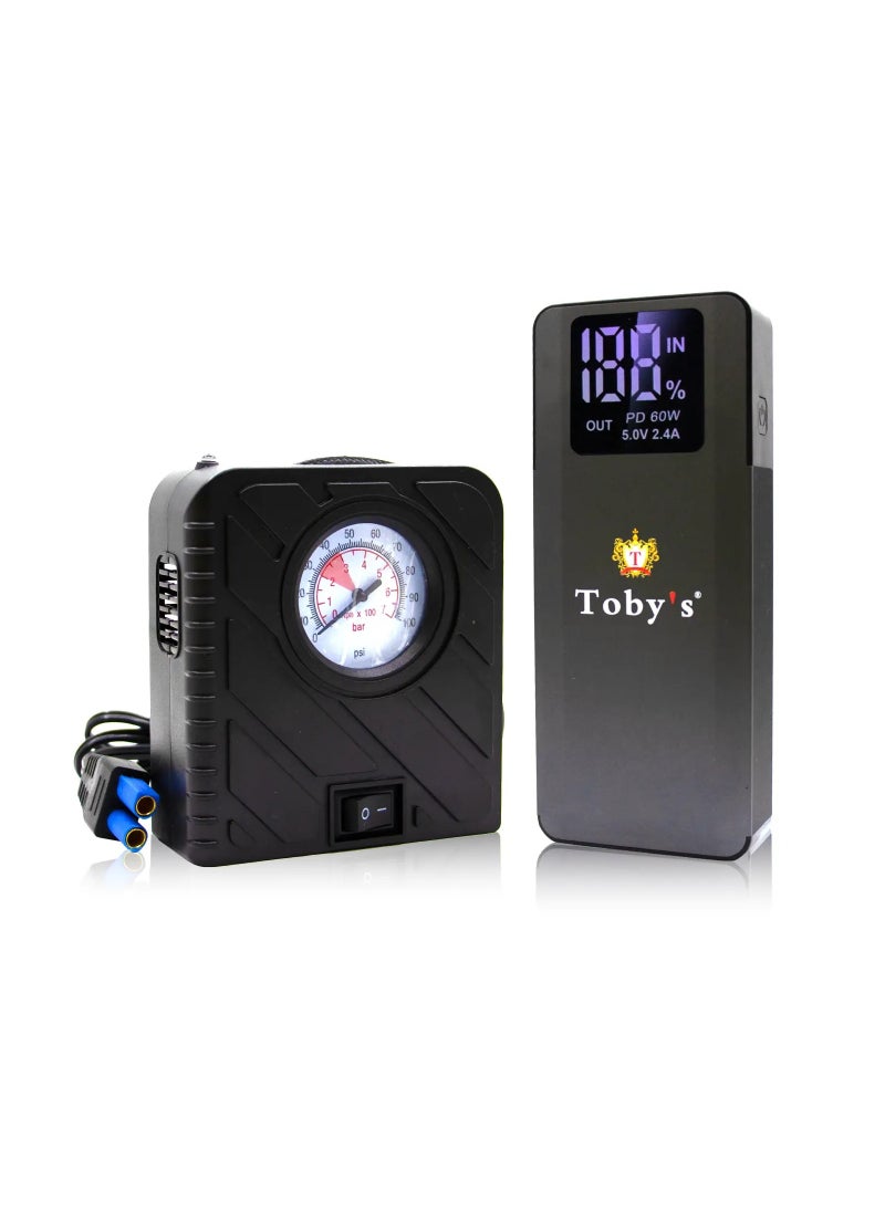 Toby's High-Quality 16000mAh With 59.2WH Car Jump Starter Recharge Car Battery With Air Compressor, ABS Housing Material with Waterproof Resistance  - Image 1