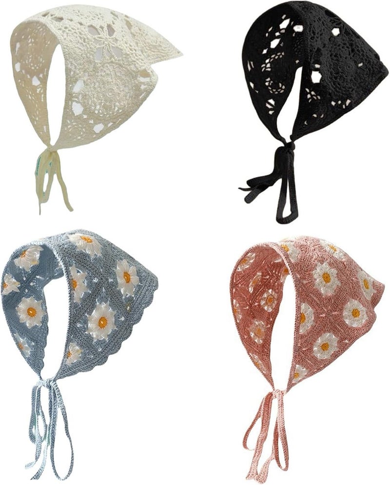 Floral Crochet Hair Bandanas, 4 Pack, Vintage Daisy Pattern, Adjustable Headscarf with Ties, 53 x 34 cm - Image 1