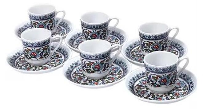 Acar Turkish Coffee and Espresso Cup and Saucer Set, Traditional Ottoman Design, Porcelain, Made in Türkiye, Set of 6 - Image 1