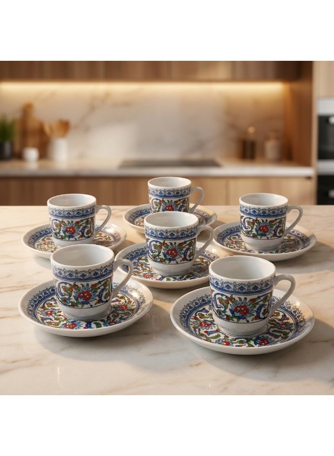 Acar Turkish Coffee and Espresso Cup and Saucer Set, Traditional Ottoman Design, Porcelain, Made in Türkiye, Set of 6 - Image 2