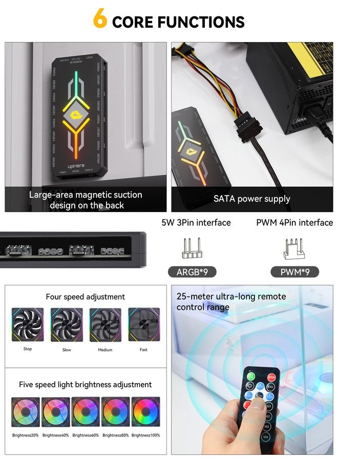 upHere PWM & 5V Addressable ARGB Magnetic Fan Hub -1 to 9-Port PC Case Splitter with Remote Control,SATA-Powered Cooling Hub for Custom RGB PC Builds,Black,P10PARGB BK - Image 5