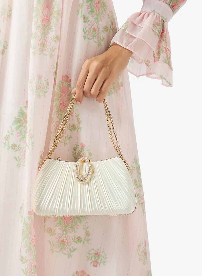 Gold Pleated Embellished Chain Clutch