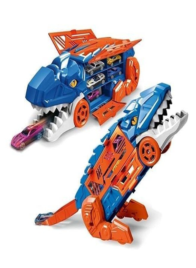 Jack Royal Dinosaur Toy Car Carrier Truck with 6 Die-Cast Cars | Kids Vehicle Organizer & Race Track Playset | T-Rex Storage Case & Launcher Playset Educational Gift for Kids (Blue) - Image 1