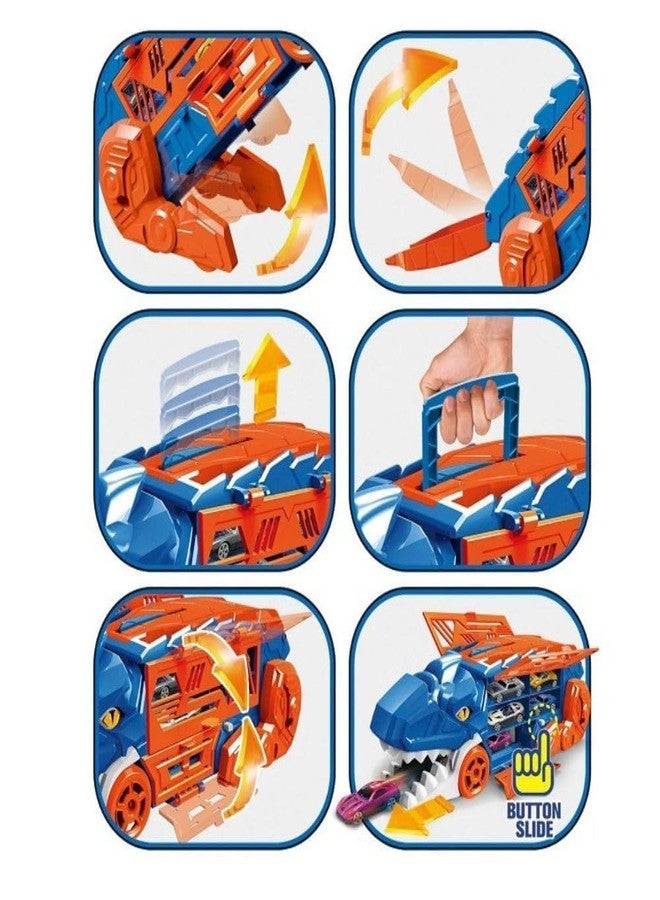 Jack Royal Dinosaur Toy Car Carrier Truck with 6 Die-Cast Cars | Kids Vehicle Organizer & Race Track Playset | T-Rex Storage Case & Launcher Playset Educational Gift for Kids (Blue) - Image 4