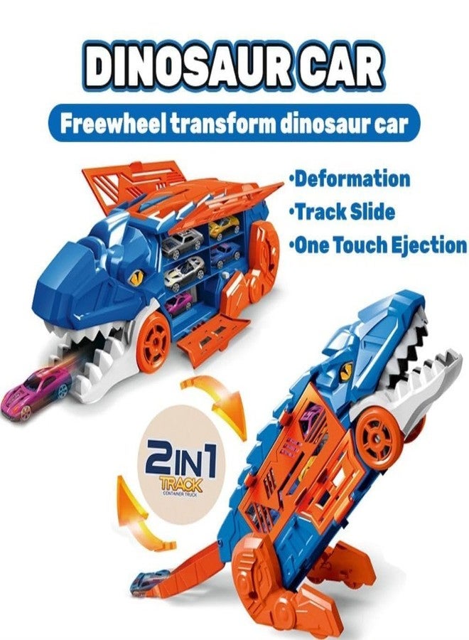 Jack Royal Dinosaur Toy Car Carrier Truck with 6 Die-Cast Cars | Kids Vehicle Organizer & Race Track Playset | T-Rex Storage Case & Launcher Playset Educational Gift for Kids (Blue) - Image 2