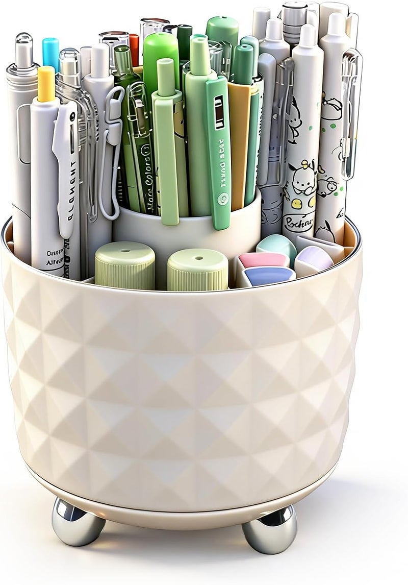 GOTOBA 360° Rotating Pencil Holder for Desk, Makeup Brush Holder with 6 Slots, Desk Organizer for Writing Utensil, Office and School Supplies (Milky White) - Image 1