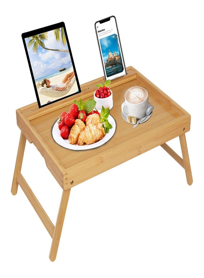 Asuthzon Bed Tray Table with Foldable Legs, Breakfast Food Trays for Eating on Couch with Media Slot for Bed, Eating, TV Tray, Kitchen Serving Tray(Bamboo, Medium) - Image 1