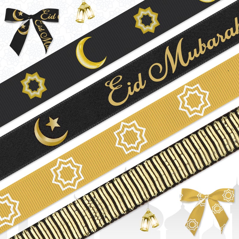 Heureppy 4 PCS Ramadan Ribbons 38 Eid Mubarak Decor Ribbons Black Gold Moon Star Words Lantern Grosgrain Ribbons for Eid Ramadan Decoration Islamic Muslim Party Favor Gift Wrapping Crafts Decoration Supplies - Image 3