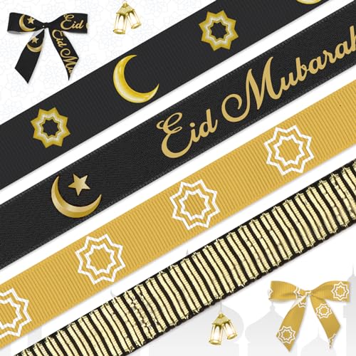 Heureppy 4 PCS Ramadan Ribbons 38 Eid Mubarak Decor Ribbons Black Gold Moon Star Words Lantern Grosgrain Ribbons for Eid Ramadan Decoration Islamic Muslim Party Favor Gift Wrapping Crafts Decoration Supplies - Image 1
