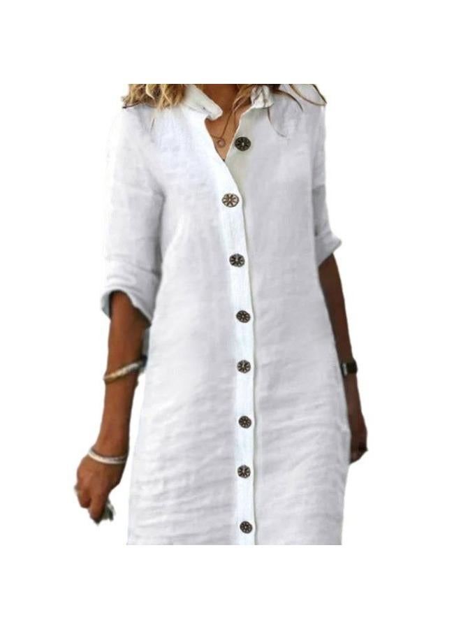 New European And American Women's Clothing Spring And Summer Shirt Collar Mid-sleeve Large Round Buckle Cotton And Linen Dress