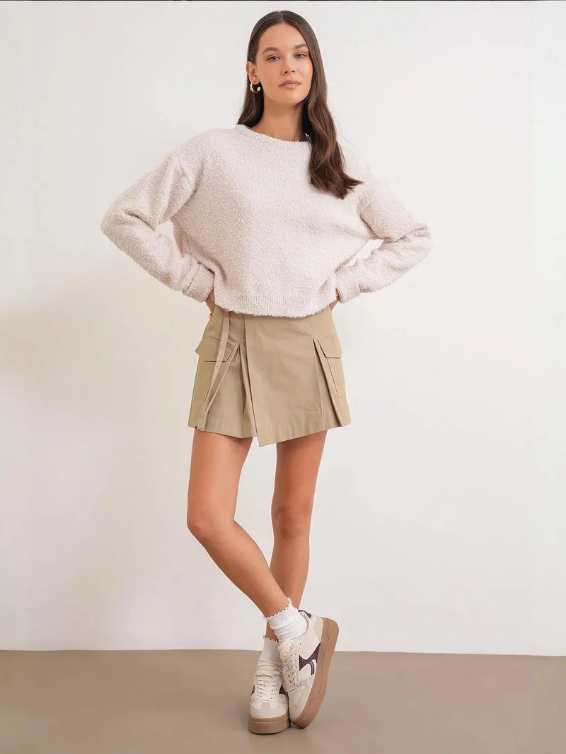 MixRay Mixray Plush Textured Crop Knit Sweater