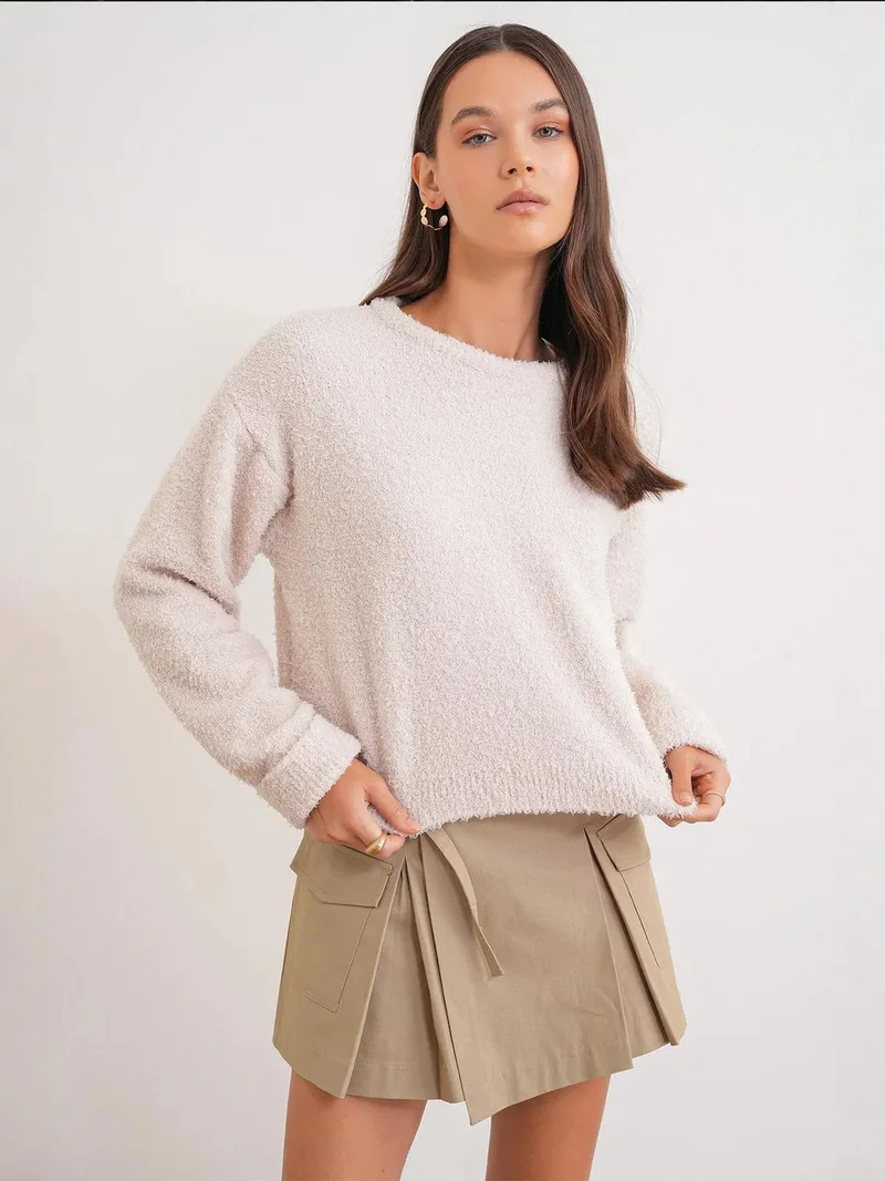 MixRay Mixray Plush Textured Crop Knit Sweater