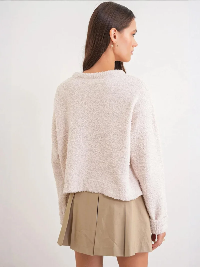 MixRay Natural Mixray Plush Textured Crop Knit Sweater for Women | Best Price UAE