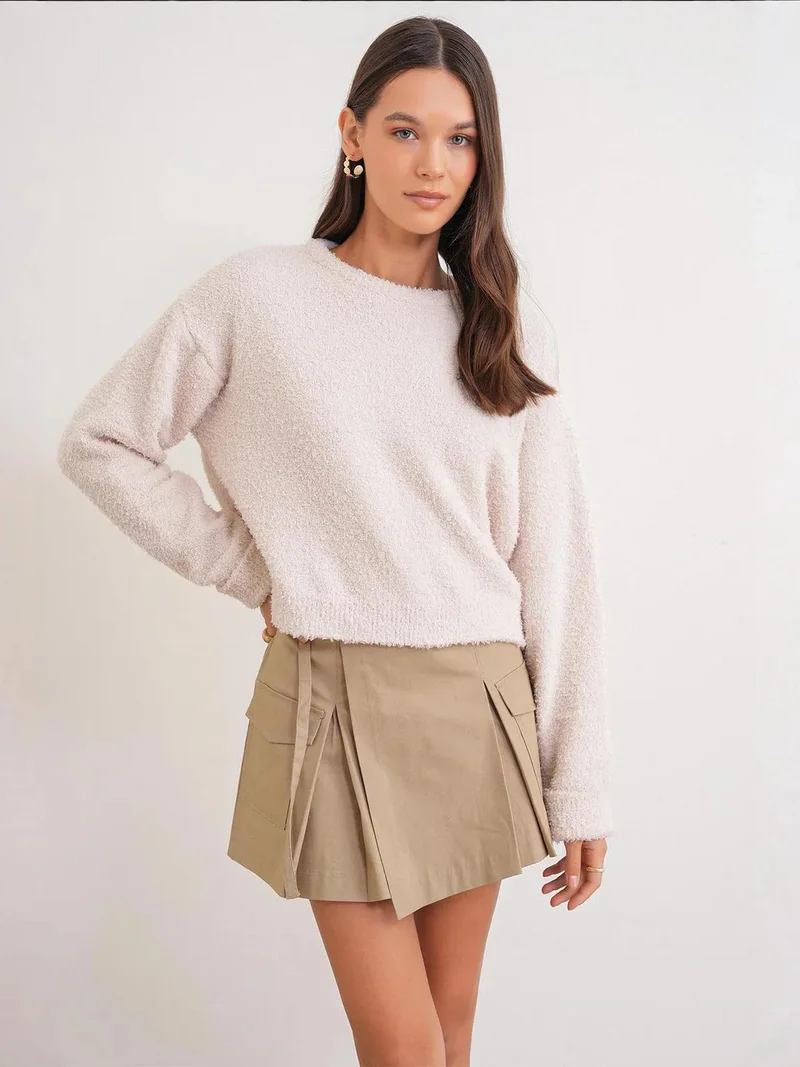 MixRay Natural Mixray Plush Textured Crop Knit Sweater for Women | Best Price UAE