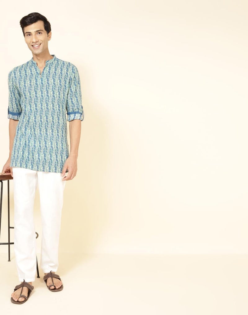 Fabindia Men's Cotton Printed Slim Fit Kurta (1032353BLUE_Blue - Image 3