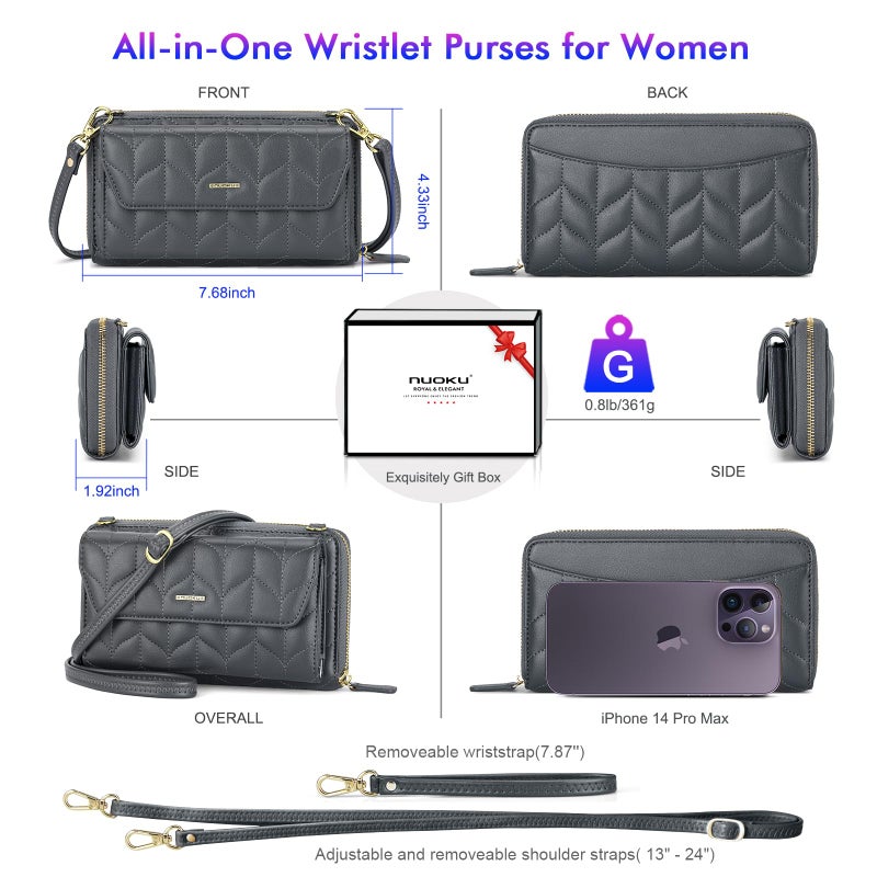 nuoku Womens RFID Wallet Purse Wristlet Crossbody Clutch with Zip Around 2 Strap (Iron Gray1) - Image 4