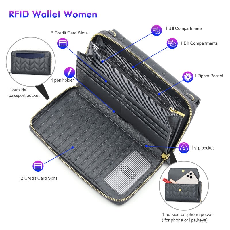 nuoku Womens RFID Wallet Purse Wristlet Crossbody Clutch with Zip Around 2 Strap (Iron Gray1) - Image 3