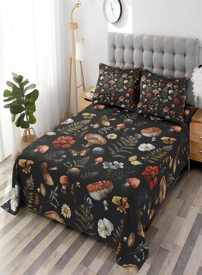 Pamnest Queen Size Bed Sheet Sets, Vintage Woodland Mushroom Soft Microfiber 4 Pcs Bedding Sets for Kids and Adults Bedroom Bed Decor, Fern Plants Botanical Flat, Fitted Sheet and 2 Pillowcases - Image 2