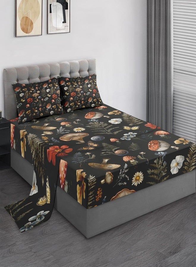 Pamnest Queen Size Bed Sheet Sets, Vintage Woodland Mushroom Soft Microfiber 4 Pcs Bedding Sets for Kids and Adults Bedroom Bed Decor, Fern Plants Botanical Flat, Fitted Sheet and 2 Pillowcases - Image 1