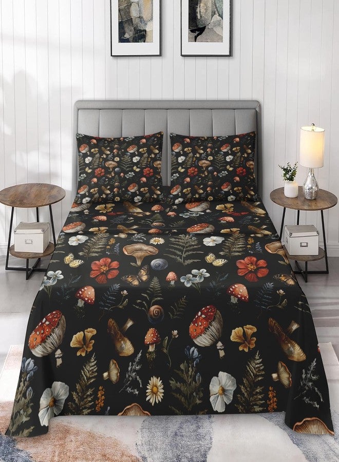 Pamnest Queen Size Bed Sheet Sets, Vintage Woodland Mushroom Soft Microfiber 4 Pcs Bedding Sets for Kids and Adults Bedroom Bed Decor, Fern Plants Botanical Flat, Fitted Sheet and 2 Pillowcases - Image 3