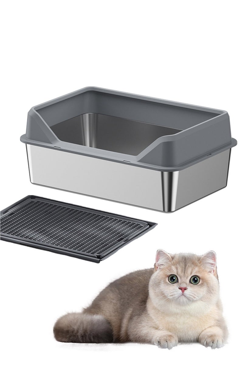 Stainless Steel Pet Cat Litter Box Metal Large Capacity Cat Litter Box Tray With High Wall Semi-Enclosed Side Door 50*35*15cm - Image 1