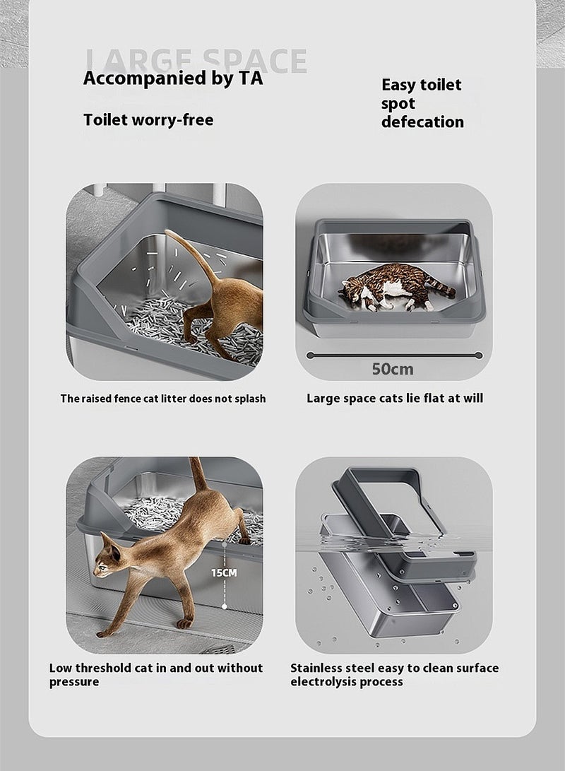 Stainless Steel Pet Cat Litter Box Metal Large Capacity Cat Litter Box Tray With High Wall Semi-Enclosed Side Door 50*35*15cm - Image 2