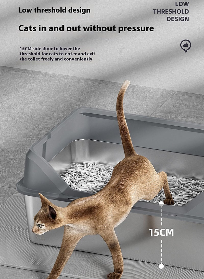 Stainless Steel Pet Cat Litter Box Metal Large Capacity Cat Litter Box Tray With High Wall Semi-Enclosed Side Door 50*35*15cm - Image 5