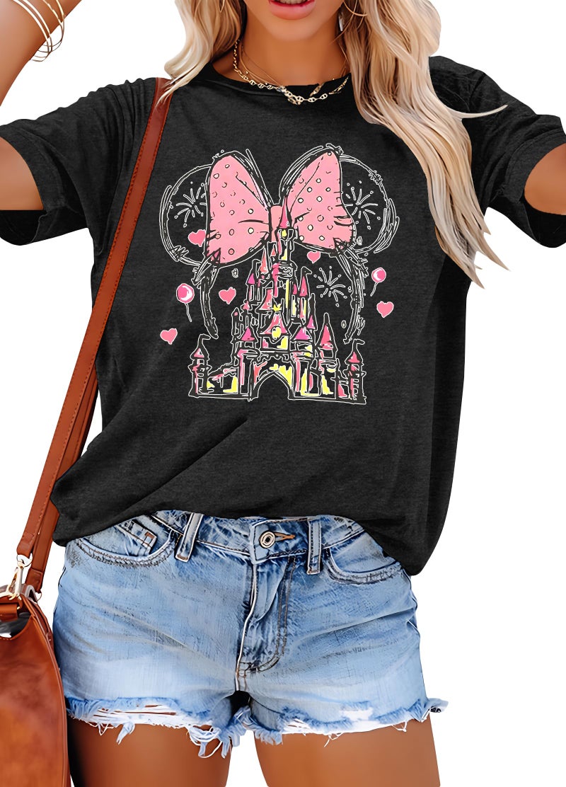 TAOHONG Women Magic Kingdom Shirt Castle Graphic Shirts Casual Family Vacation Holiday T Shirt Cute Short Sleeve Tee Top Dark Gray - Image 1