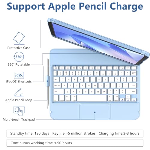 TaIYanG for iPad 10th Generation Case with Keyboard 10.9" 2022 & 11th (A16) 2025, Touch Trackpad Keyboard Case for 11/10th Generation-360° Rotate,Pencil Holder, Keyboard for iPad 10th Gen, Ocean Blue - Image 5