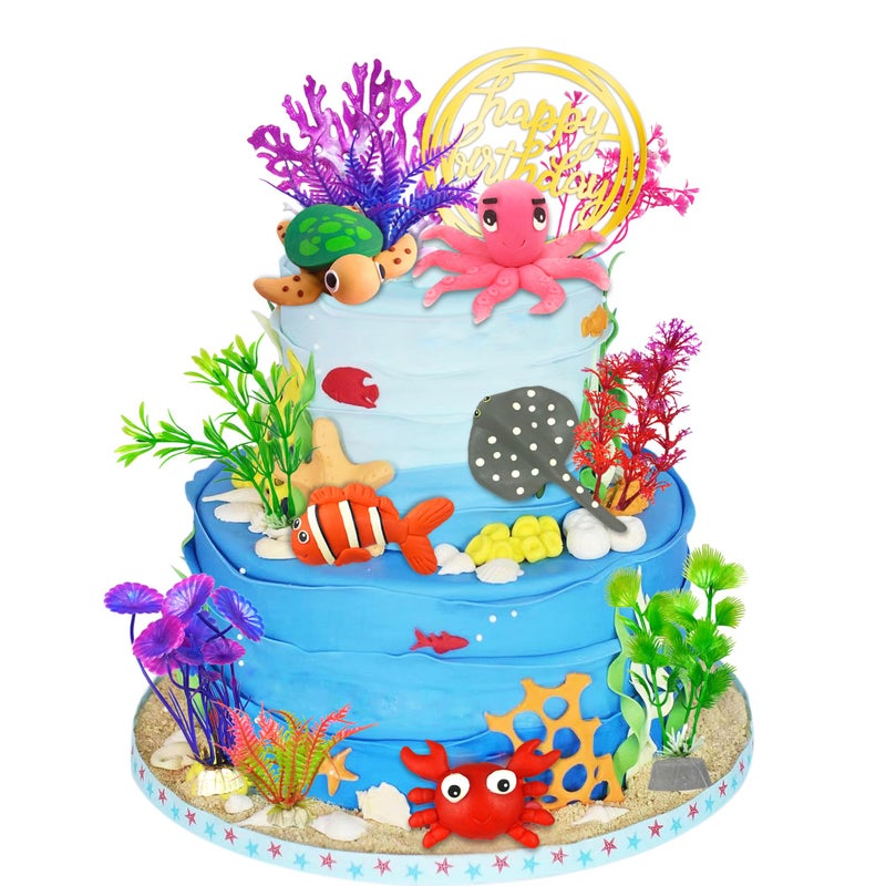 DRWATE 16 PCS Sea Ocean Cake Toppers Under the Sea Ocean Animals Birthday Cake Decorations for Sea Ocean Theme Baby Shower Birthday Party Supplies Ocean - Image 3