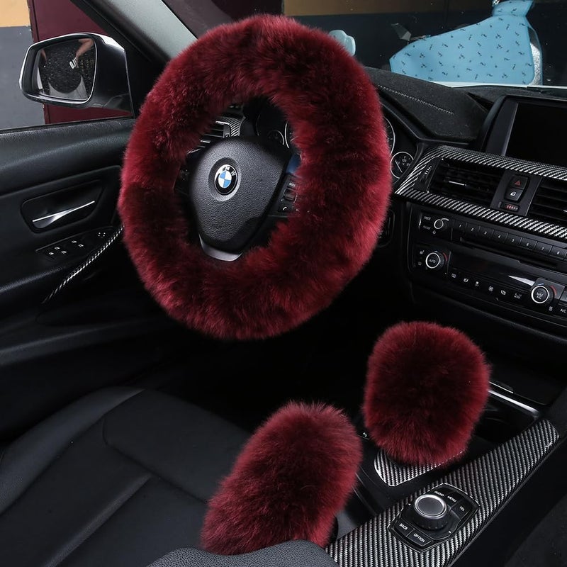 AOGELAN 3Pcs Set Fashion Fluffy Fuzzy Wool Fur Soft Car Steering Wheel Cover with Handbrake Cover & Gear Shift Cover for Women/Girls/Ladies Auto Long Wool Accessories - Image 1