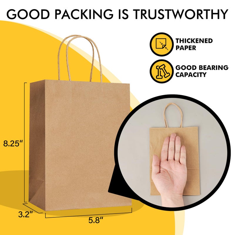 RACETOP 100 Pack 5.8x3.2x8.25 Inch Brown Kraft Paper Gift Bags with Handles - Bulk Small Plain Natural Bags for Birthday Party Favors, Grocery, Retail Shopping, Wedding, Craft, Goody, Takeouts, and Business - Image 2