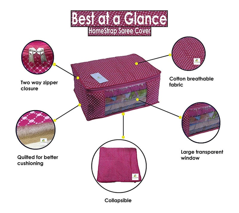 Homestrap Cotton Quilted Large Saree CoverWardrobe Organiser Navy Blue Maroon Pack of 4 - Image 5