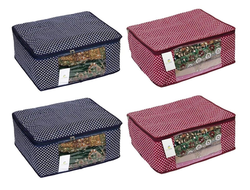 Homestrap Cotton Quilted Large Saree CoverWardrobe Organiser Navy Blue Maroon Pack of 4 - Image 1