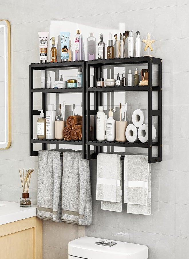 Galood Over The Toilet Storage Bathroom Shelves Wall Mounted 3 Tier Space Saver Corner Shelf Organizer Bamboo Towel Rack Toilet Paper Cabinet with Hanging Rod Black Sets - Image 1