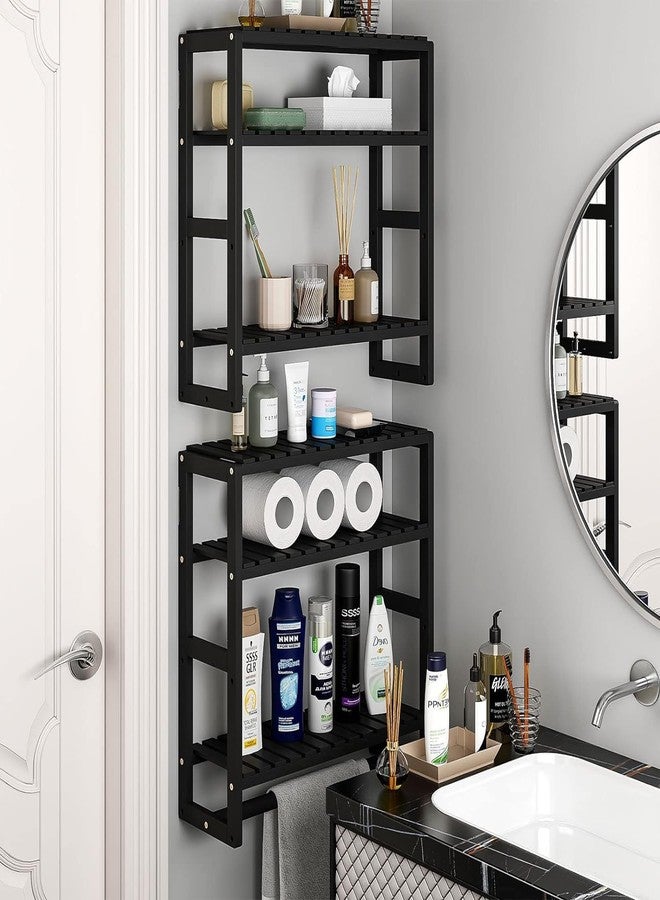 Galood Over The Toilet Storage Bathroom Shelves Wall Mounted 3 Tier Space Saver Corner Shelf Organizer Bamboo Towel Rack Toilet Paper Cabinet with Hanging Rod Black Sets - Image 3