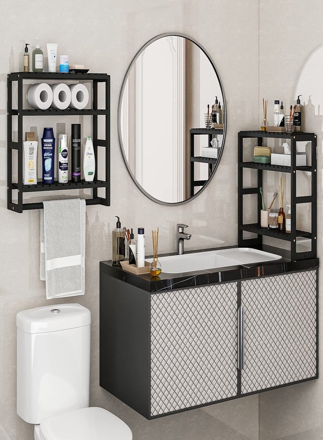Galood Over The Toilet Storage Bathroom Shelves Wall Mounted 3 Tier Space Saver Corner Shelf Organizer Bamboo Towel Rack Toilet Paper Cabinet with Hanging Rod Black Sets - Image 2