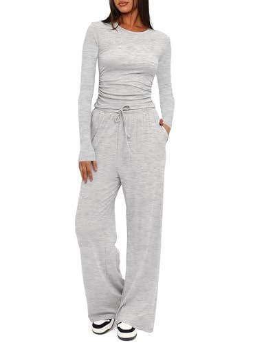 Darong Women's 2 Piece Lounge Sets Long Sleeve Tops Wide Leg Pants Casual Outfits Pajama Set Fall Collection 9065B White Grey S - Image 5