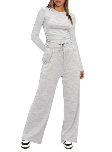 Darong Women's 2 Piece Lounge Sets Long Sleeve Tops Wide Leg Pants Casual Outfits Pajama Set Fall Collection 9065B White Grey S - Image 3