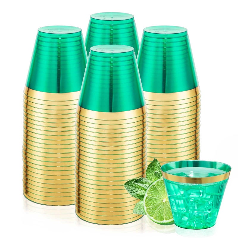 LUODA 150 PCS Green Plastic Cups9oz Clear Green Disposable Cups with Gold Rim Old Fashioned Tumblers Gold Rimmed Plastic Cups for Party